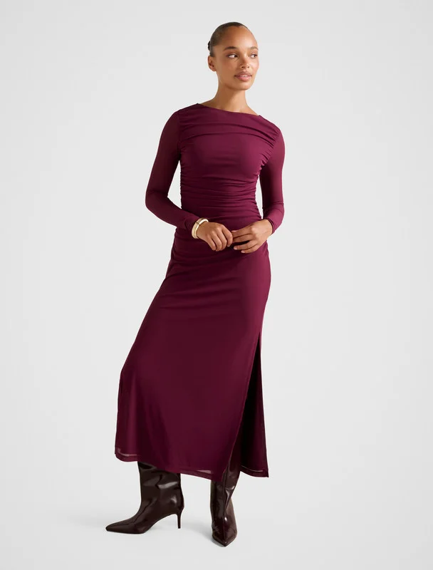BRITTANY Gathered Mesh Midi Dress